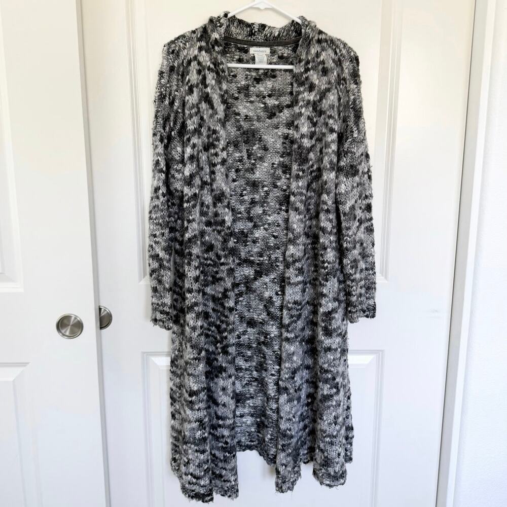 Sundance Marled Long Line Chunky Knit Cardigan Duster Black Gray White M Petite